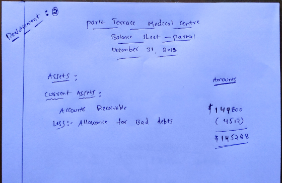 park Reassigement : Terrace Balance December Medical centre sheet – partial 31, 2018 Assets a Amounts corrent Assets; Account