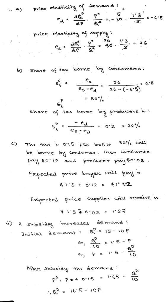 price elasticity of demamd : a) 3 65 d P price elasticiaya f supp 20 3 40. es b consumers: borne of tax Share es O8 es-ed