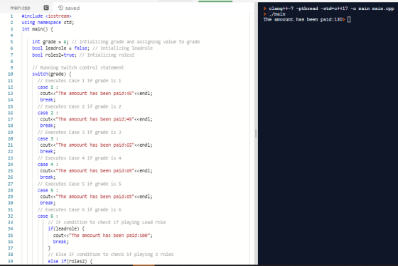 1 > clang++-7 pthread -std=c++17 -o main main.cpp 3 -/main The account has been paid:130 4 6 7 8 9 le 12 13 14 15 16 main.cpp