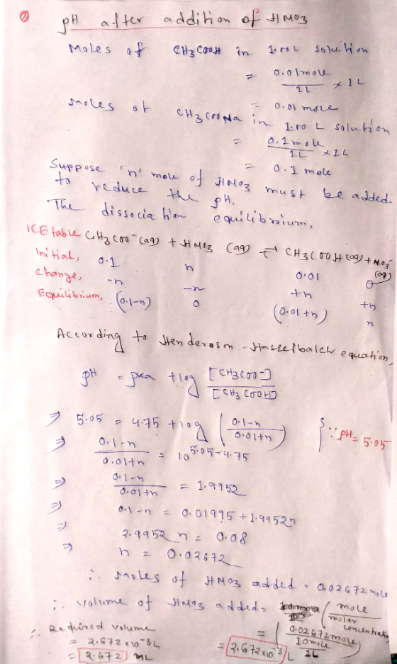 pH after Moles of addition of tmaz CH₂ cool in Tool solution - o.olmore IL x 12 soles of - CH₃coona 0.0 moie in 1.50 L soluti