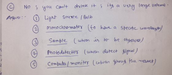 9 No Anguer: & you cant drink it & its a very large volume ① Light source / Bulb © monochromater (to have a spectic waveleng
