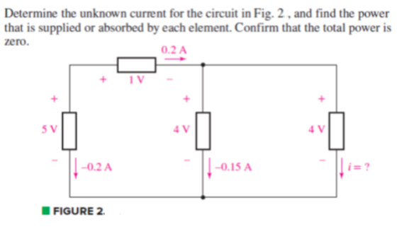 Determine the unknown current for the circuit in Fig. 2, and find the power that is supplied or absorbed by each element. Confirm that the total power is zero. 0.2 A 5 V 4 V 4 V 0.2A 0.15 A FIGURE 2.