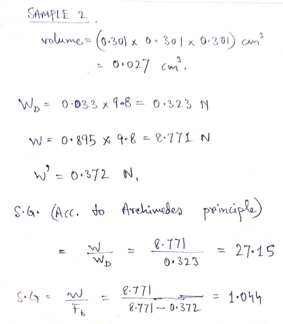 SAMPLE 2 volume = (0.30) x 0.301 x 0.301) cam? = 0.027 cm Wo= 0.033 x 908 = 0.323 1 W= 0.895 x 9,8 = 8.771 N W = 0.372 N. SiG