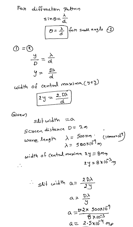 For diffraction Paltren d sing= d I for small angly Å I for 0 = 2 D clo ålo DX y = width of central manina (yty) 2D) 2y = 2 d