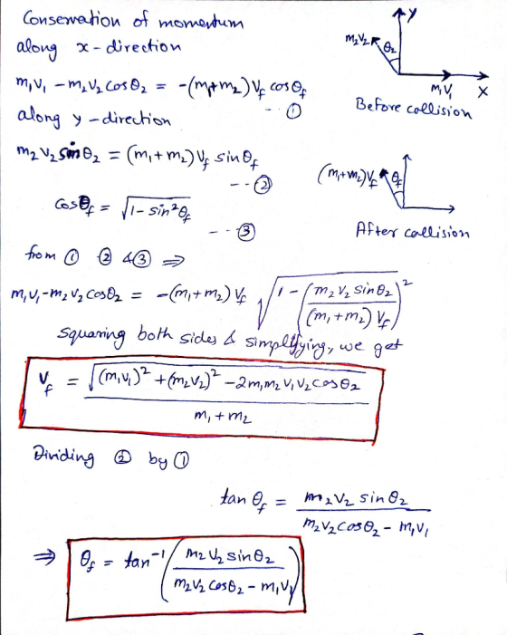 Consewahion of momotum direction along (mpm) co M V m,v-m,vCos82 = X Before coelision along y-direchon m2 V2Sme, (m+ m.)y sin