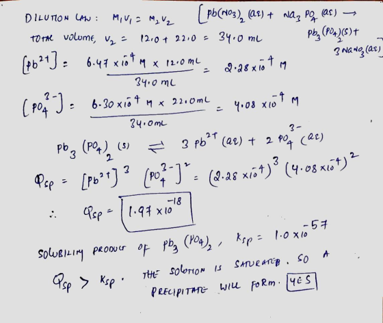 12.0mL DILUTION LAW : MIVIS M, V2 (Pb(NO3), (012) + waz Pof (25) ► Total volume, U₂ = 12.0+ 22,0 = 34.0 ml pbz (POA)(S) - (66
