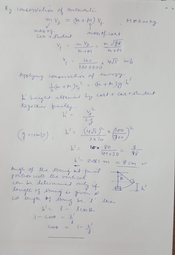 By conservation of momentin mv = m+ M) V MEbooky car & student mess of cart Vamp - mJgR M+M mUM V = 100 x 455 m/s 100+600 App
