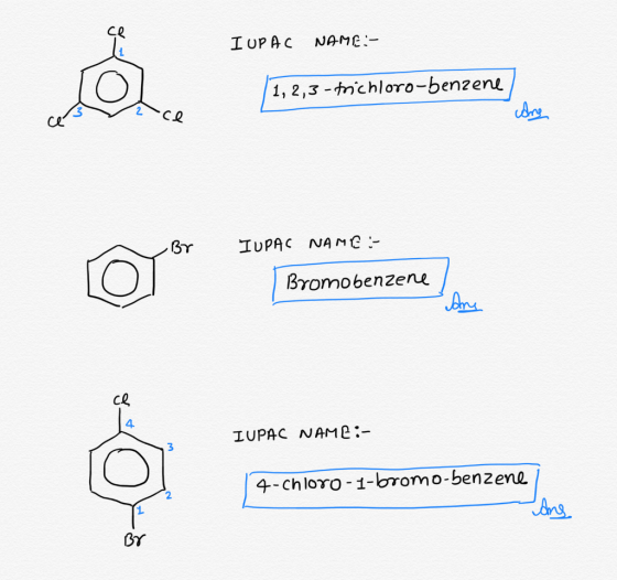 IUPAC NAME:- @ 1,2,5-trichloro-benzene 1,2,3 - trichloro-benzene , Br IUPAC NAME :- Bromobenzene dre IUPAC NAME:- 14-chloro-1