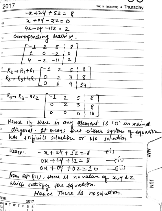 2017 WK 14 (096-269) Thursday -X+24 + 52 = 8 atoy-az=o 4x-26 -112 = 2 to comesponding matrix - -1 2 587 11 0 - 20 4 -2 -11 /