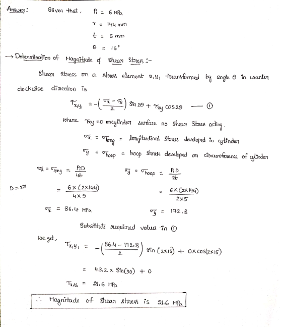 Answer: Güven that is 6 MPa T 144 mm t 5 mm B = 15° - Determination of Magnitude Shear Storer :- shear stress on a stress ele