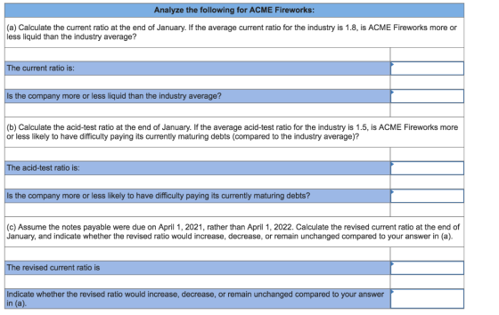 Analyze the following for ACME Fireworks: (a) Calculate the current ratio at the end of January. If the average current ratio