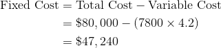 Fixed Cost = Total Cost – Variable Cost = $80,000 – (7800 x 4.2) = $47, 240