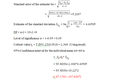 Standard error of the estimate Se= Syy-b1Sxy n-2 634.1-0.7421*561.1 -=5.2167 10-2 Estimate of the standard deviation Sợp = Se
