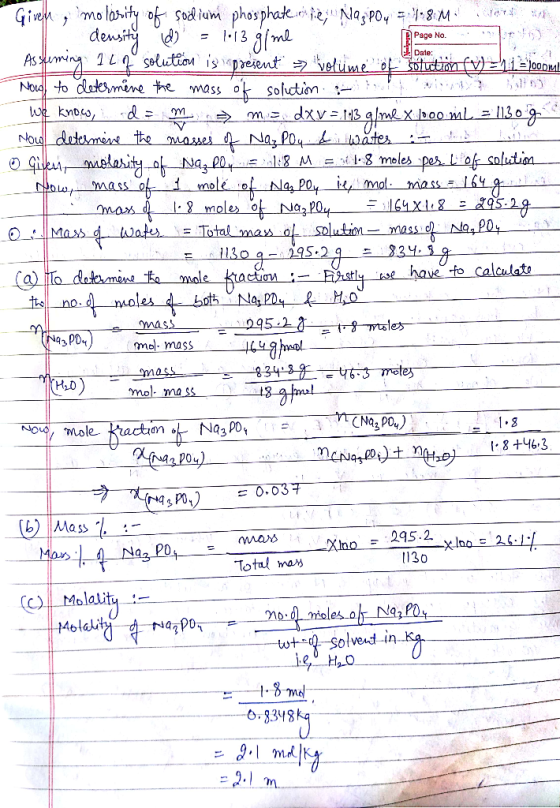 LI Date: Giveffe , molasity of sodium phosphaterie Naz poy 5:458:Milan density d = 1:13 amet A Page No. Assteming 12 solutio
