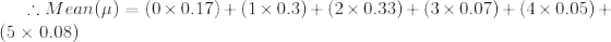 \therefore Mean(\mu) = (0\times0.17)+(1\times0.3)+(2\times0.33)+(3\times0.07) +(4\times0.05)+(5\times0.08)