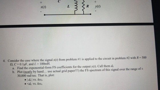 r(t) R y(O) 4. Consider the case where the signal x() from pro 2, C 0.1uF, and L 100mH. a. Find the exponential-form FS coefficients for the output y). Call them ds b. Plot (neatly by hand... use actual grid paper!!!) the FS spectrum of this signal over the range of + 30,000 rad/sec. That is, plot: