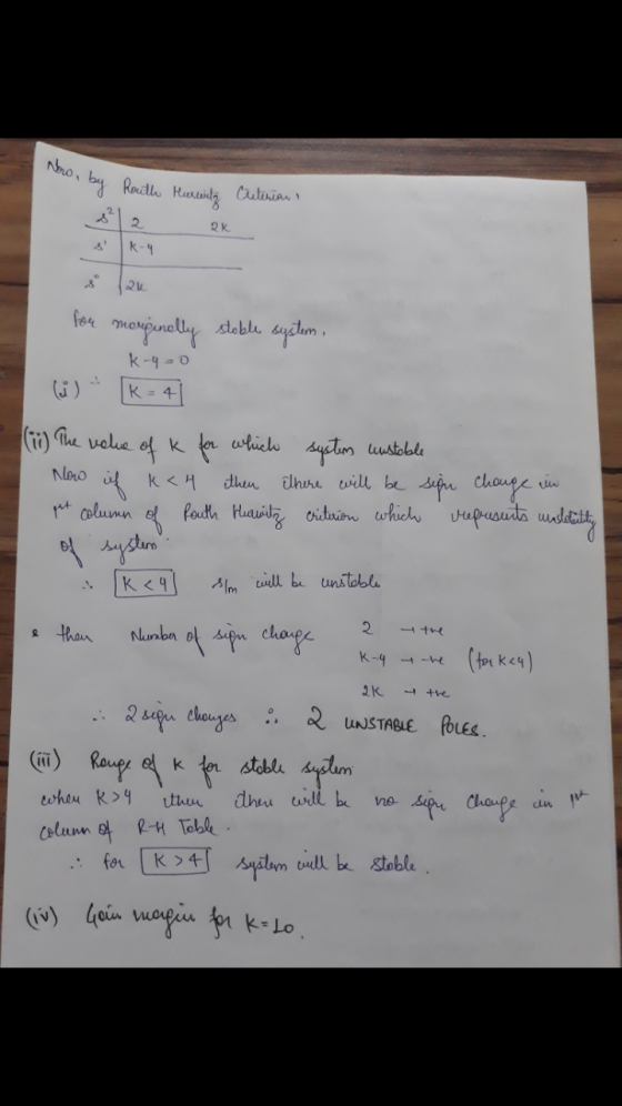 Nooi by Routh Hurwitz Criteria 2. 2k K-4 Qk stable k-y=0 for moriginally system, [K-4) (ii) The value of k for which system u