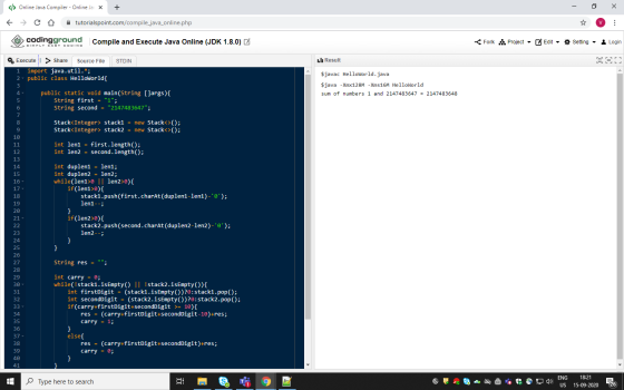</> Online Java Compiler - Online Jax + X ... f → CO tutorialspoint.com/compile_java_online.php codingground Compile and Exec