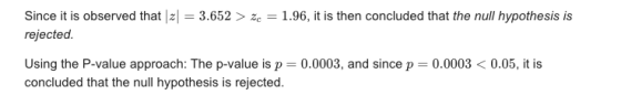 Since it is observed that 2 = 3.652 > Ze = 1.96, it is then concluded that the null hypothesis is rejected. Using the P-value