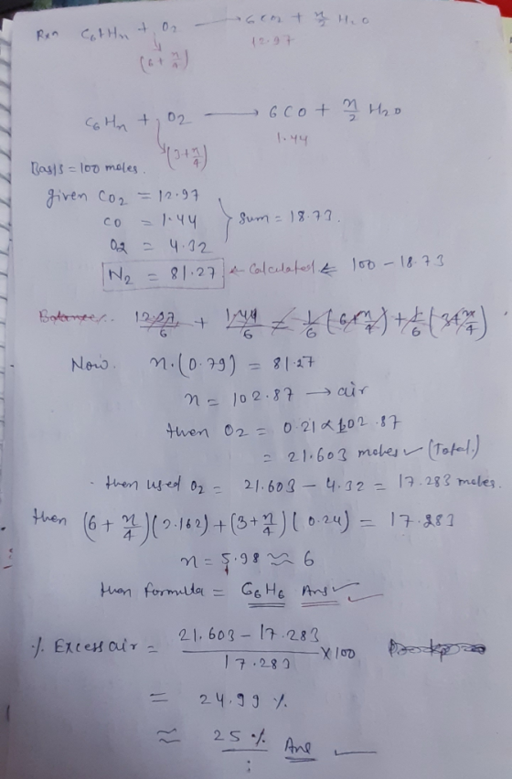 (2-97 GCO+ Ha 02 Lasts- l00 moles iven Cor = 12.93 Sum-18.73 144 CO 402 N2 81.27 4-Calculatest 160-18.73 m.(0.79)=8147 Now n1