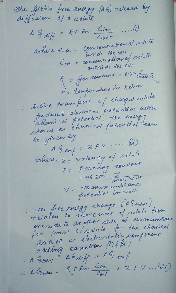 The gibts free energy (AG) released by diffusion of a solute A. Gdiff & RT en lin ... (1) Cout where Cine concentration of s
