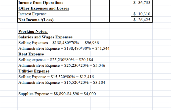 $ 36,735 Income from Operations Other Expenses and Losses Interest Expense Net Income /(Loss) $ 10,310 $ 26,425 Working Notes