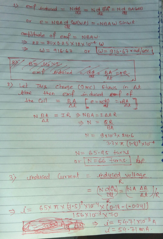 17 emf induced Ox 0% والا اللہ کا ورد Nded = Nd BÅND BACSO e = NBAD Coswt) = -NBAW Sint amplitule of emf = NBAW. > 22 = 80X0.