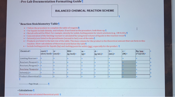 Pre-Lab Documentation Formatting Guide BALANCED CHEMICAL REACTION SCHEME Reaction Stoichiometry Tablet . Follow the procedur
