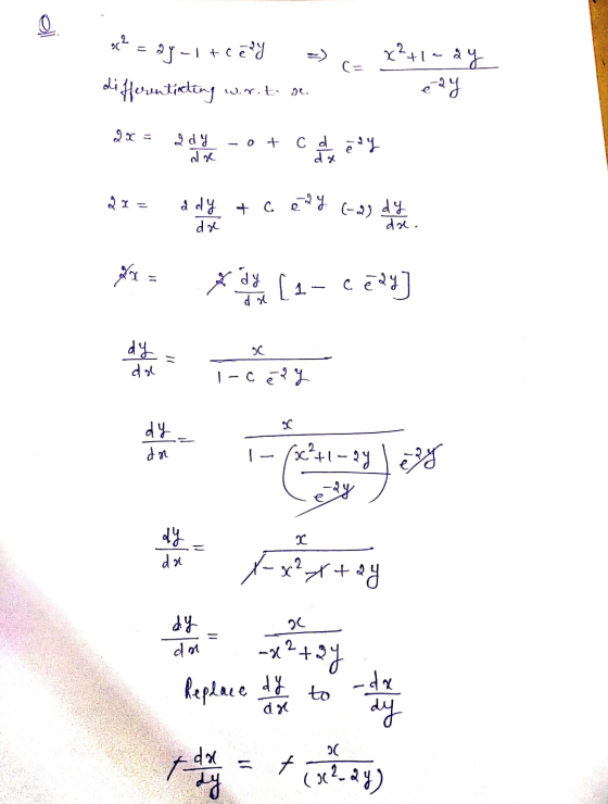 O 90 =oy-1 + ceny x²+1ca ay é 24 differentiating wort. De. 2x 0 + I dy ax c d e ay da 22 = a dy + c e dy (-2) dy dr dre. dy 1