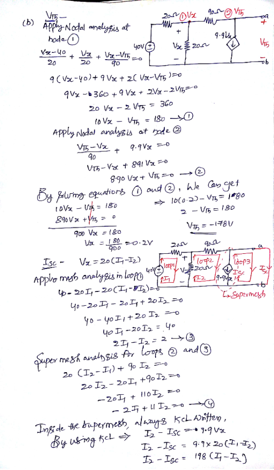 Vh Apply Nodal analysis at hode - Dove 90- 12V15 r 9.94 Use 20.00 + You ver you have that was L I 9 (Vx-yo)+ 9 1x + 2( Va-V75