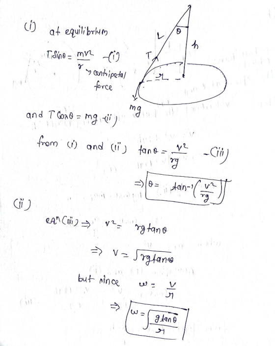 (1) af equilibrium Tsino = mva ti TL force and T Como = mg, euismod and I load from c) and (ii) tano - e -Cill) eqn Child 22