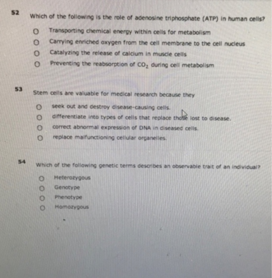 52 Which of the following is the role of adenosine triphosphate (ATP) in human cells? 0 Transporting chemical energy within c