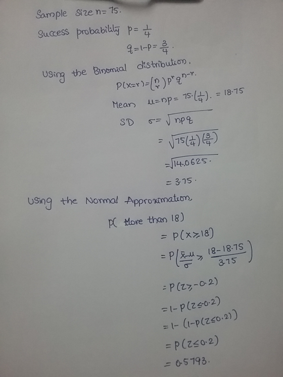 Sample size n= 75. Success probabilily p= q=1-p- the Binomial distribution using Plxav)-()pa. LA=pp = 75-16). = 18-75 Mean SD