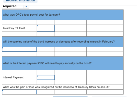 Requirea Information Adjustea What was OPCs total payroll cost for January? Total Pay roll Cost Will the carrying value of t