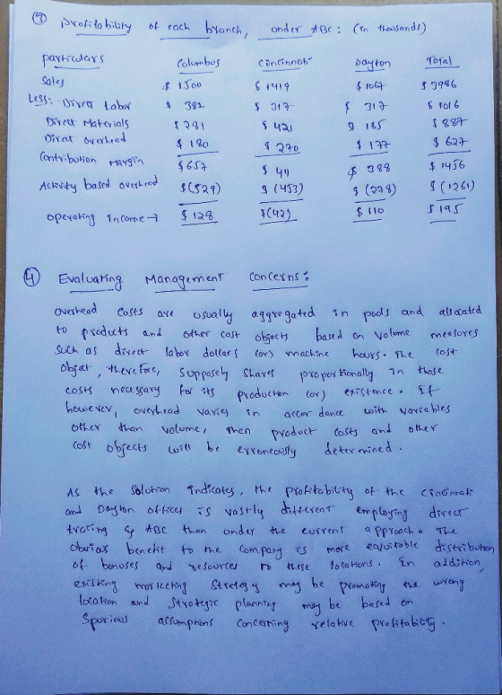 3 Profitability of each branch. under ABC: (in thoosands) particulars Cincinnobo $ 1419 $ 317 Sales Less: Direa Labor Direct