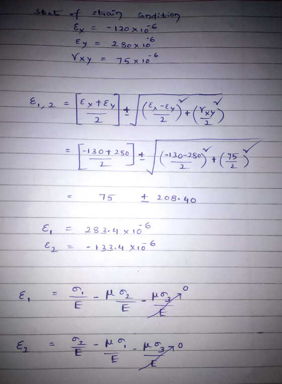 State of strain Condition € = - 120 x 1.6 Ey = 2 So x 10 15 х 10 Үху €., 2 - [c.14 6 ), (*, -130+ 2SO 4 30-280 -15 1 2. 15 +