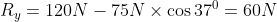 R_{y} =120 N - 75 N\times \cos 37^{0} = 60 N