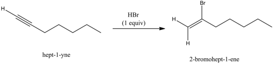 HBr
(1 equiv)
hept-1-yne
2-bromohept-1-ene