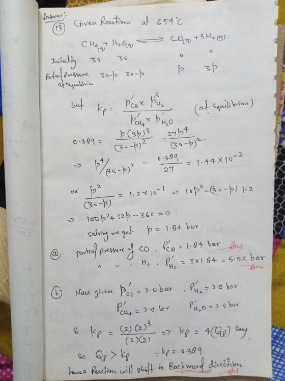 Insines Given Reactions at 654°C CH4, 6+ 112019, = com +3H2O). Initially 30 30 0 0 Partial pressure 306 30-6 l 3p. atcequilit