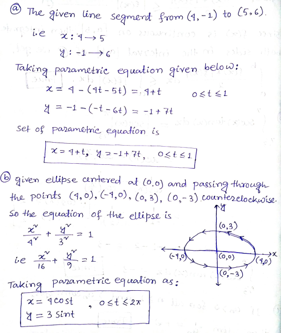 @ The given line segment from (1, - 2) to (5,6). ie 2:1-5 6 y : -1 Taking parametrie equation given below: x = 4 - (4t-5t) =