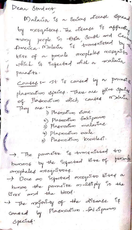 Dear Student . Malaria is a serious disease spread by mosquitoes. The disease is affecting many people in Asia South and Ceru