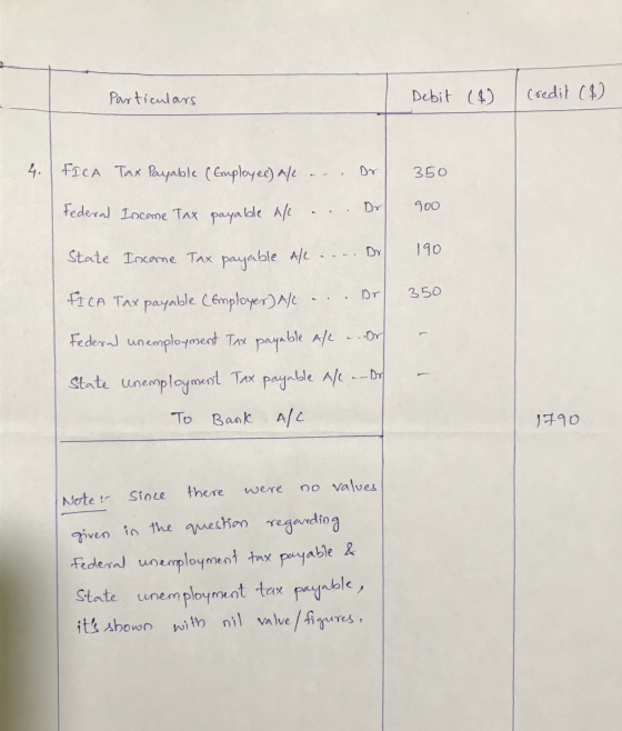 Particulars Debit ($ credit (1) 4. 350 FICA Tax Payable (Employed) Ale ... Dr Federal Income Tax payable Al ... Dr 900 190 L