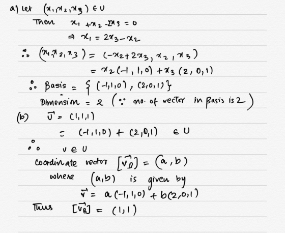 al let (1,M2ing ) EU Then x, +212-213=0 — 2, = 283-22 (1 212,93 ) = (-22+283, 22183) = 22(4,1,) +23 (2,0,1) 8 Basis = ş (-1,1