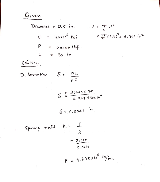 .^Id? II (2.59?- 4.909 in2 Given Diameter - 2.5 in. E = 30x100 psi P = 20000 lbf L = 30 in solution: De formation. 8: PL AE S