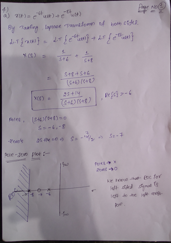 4) -8t e No By Takim laplase Tranefomm of both sides. X CS) St6 + S +& S6, S- 1 Pole-3ero Plot S- -여중 -구-6 left to the lef+ T