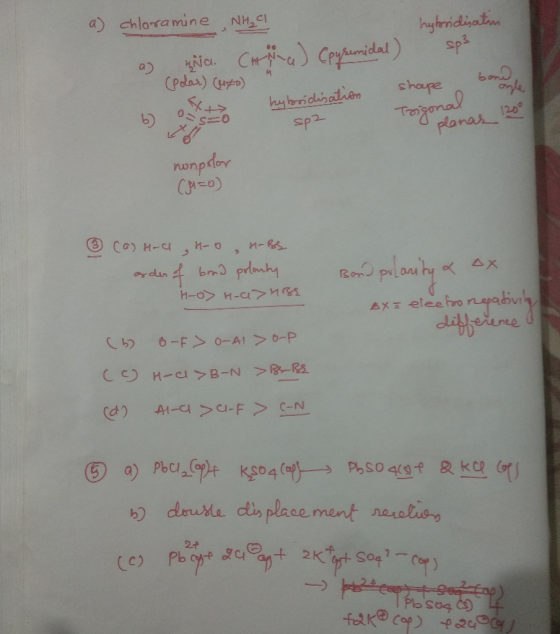 a) chloramine NH₂ C1 a) HÑa. Chna) (pyremidal) (Polar) (40) hybridisatin sp3 b) oux X S=0 hybridisation sp2 shape band Trigon