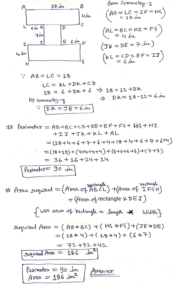 А 18 in uén (AB=Lain с L D 6 in K Finl from symmetry 7 AB=LC =IF=HO F=HG) = 18 éve (AL AL= BC = HI = FG FG) = 4 in (JK = DE =