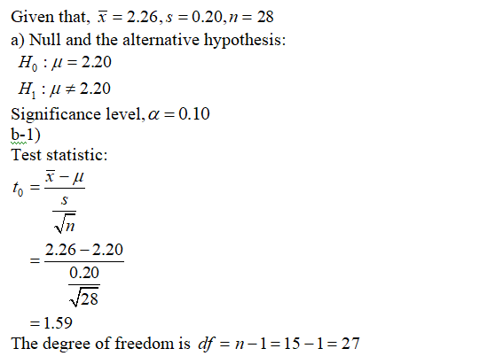 Given that, x-2.26, s 0.20, n-28 a) Null and the alternative hypothesis: Significance level,a 0.10 b-1) Test statistic: x-μ N