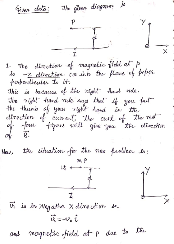 Given data: The given diagrom is Р y I 1. The direction of magnetic field at p is -Z direction, cos into the plane of papes p