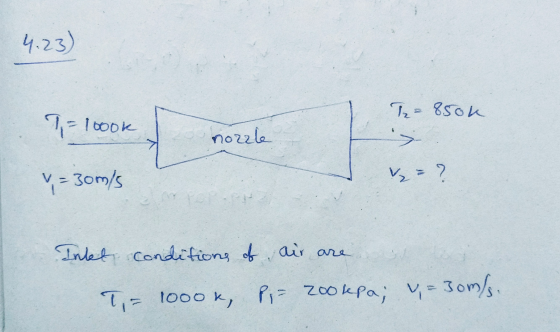 4.23) T₂ = 8504 7 = 1000k cook nozzle = ? v=30m/s Inkt Conditions of air are T= 1000k, P, 2ookpa; w=30m/s.